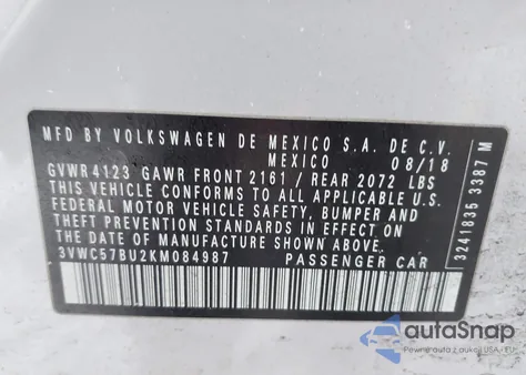 2019 Volkswagen Jetta 1.4T R-Line/1.4T S/1.4T Se z USA, uszkodzony, nr VIN 3VWC57BU2KM084987